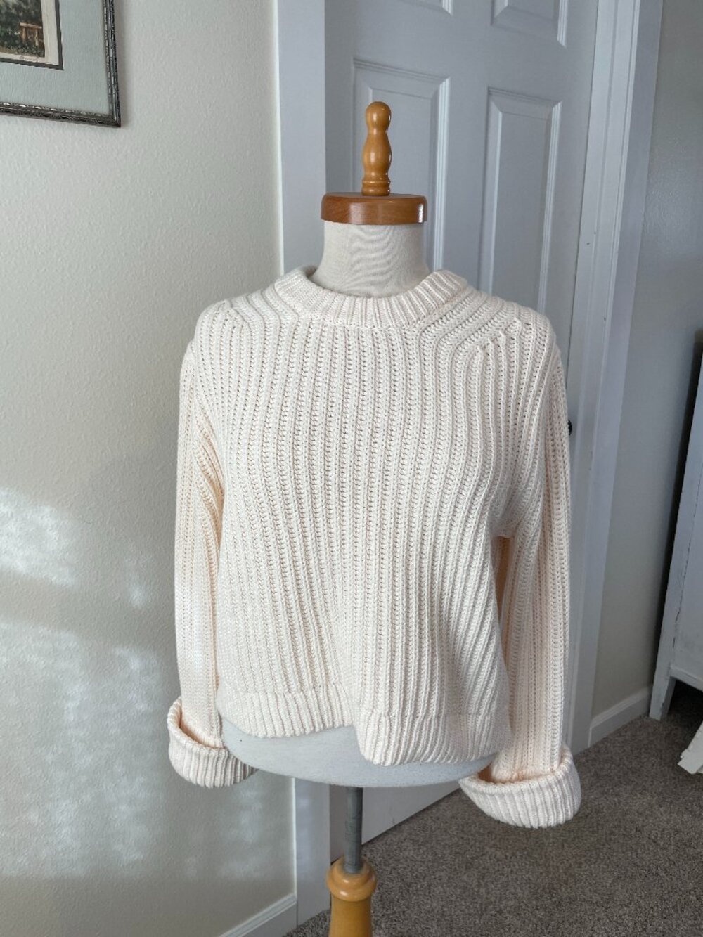J Crew Heritage Cotton Fisherman Crewneck Sweater 100% Cotton Antique White